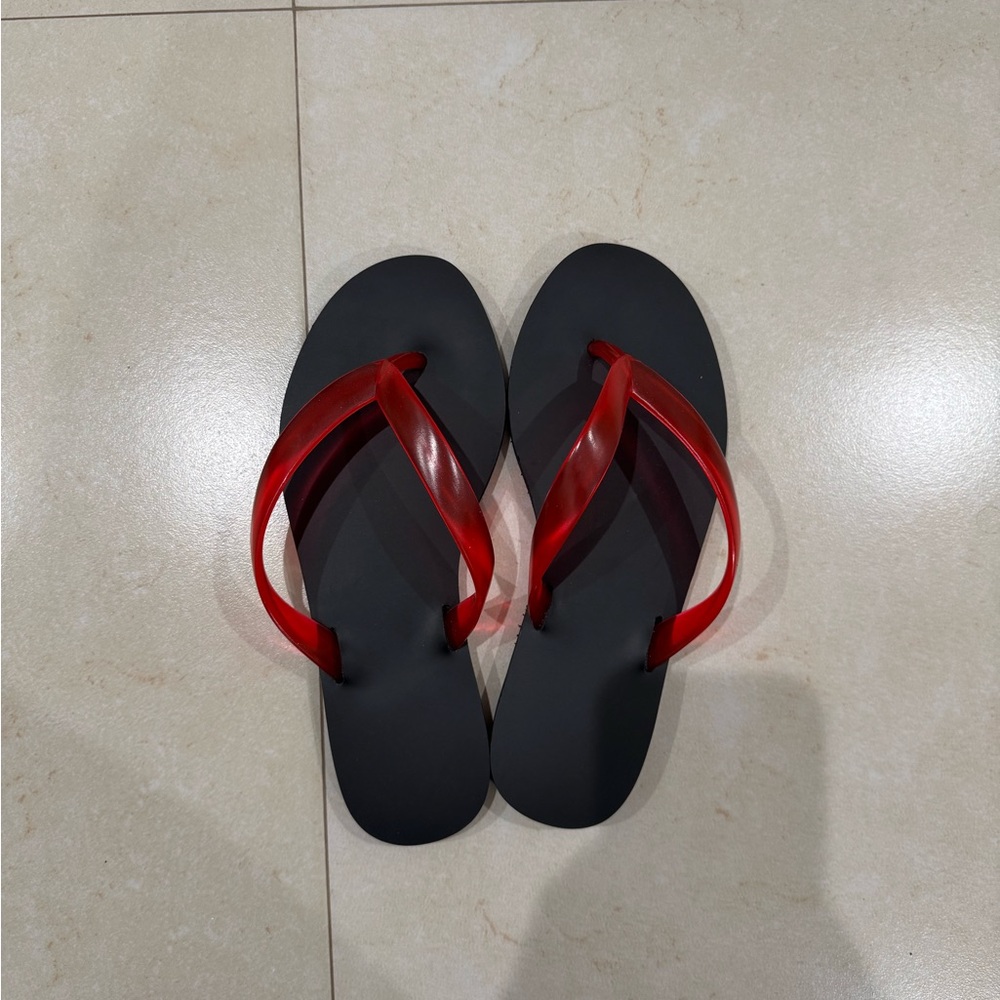 Ancient Greek Sandals Black Leather Flip Flop with Red Straps - Picture 2 of 3
